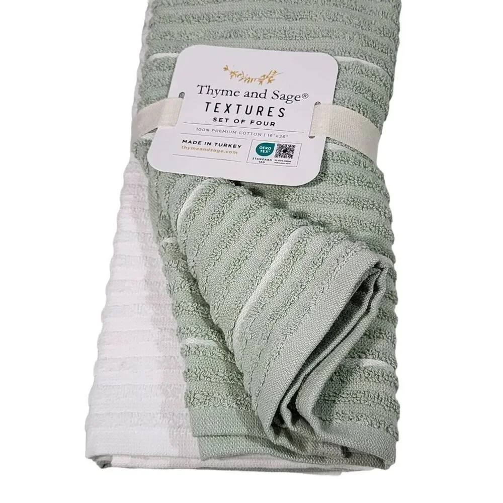 Thyme and Sage Kitchen Towel Set of 4pcs‎ Green and White Striped Turkish Cotton